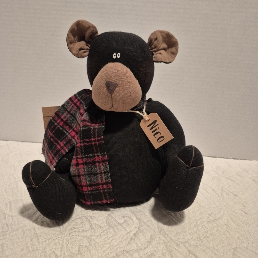 Honey & Me Inc black Nico bear with plaid scarf, handmade NEW